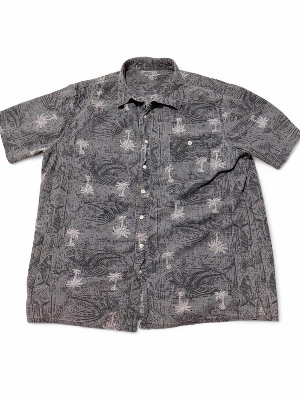 Croft & Barrow Hawaiian Shirt Mens XXL Tall Gray Fish Palm Tree Print Short Slee